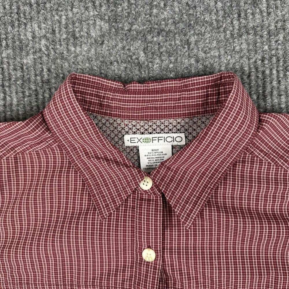 ExOfficio Shirt Womens L Maroon Plaid Button Down Hiking Shirt Roll Tab Sleeve - Picture 3 of 12